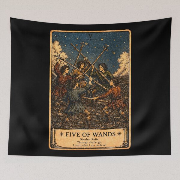 Item preview, Five of Wands Tarot Card - Mystical Competition & Challenge Illustration designed and sold by ArcanaAbsolute.