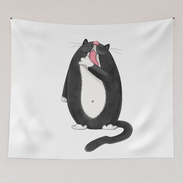 Item preview, Cute Chubby Tuxedo Cat Washing Paw Licking Grooming Graphic Art designed and sold by The Upside Down.