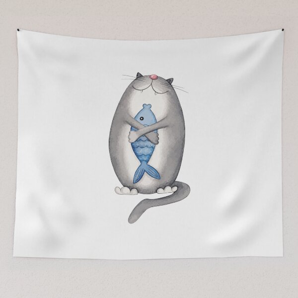 Item preview, Cute Chubby Cat Hugging Blue Fish Chonky Kitty Lover Graphic Art designed and sold by The Upside Down.