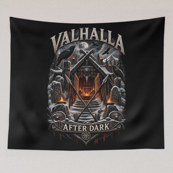 Item preview, Valhalla al anochecer – Salón vikingo de la mitología nórdica con diseño de cuervo designed and sold by R3XFORGE.