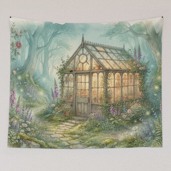 Item preview, Enchanted Glass Greenhouse Watercolor Cottagecore Art designed and sold by CalmCapy Co.