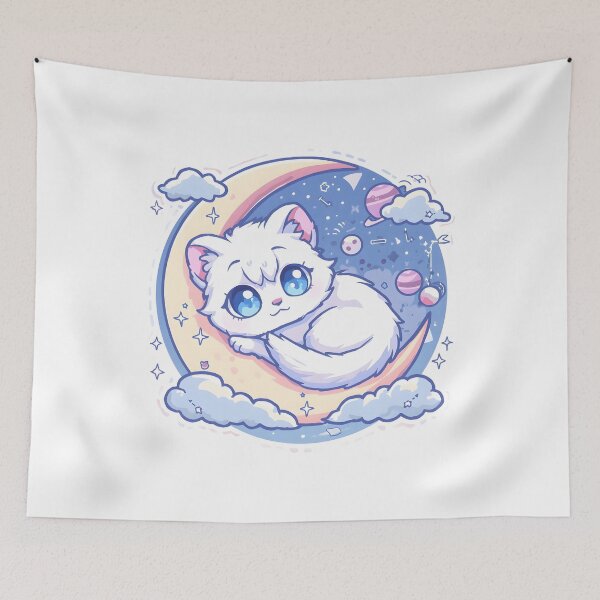 Item preview, Cute Cosmic Cat on Crescent Moon | Kawaii Celestial Space Cat designed and sold by dreamz-world.