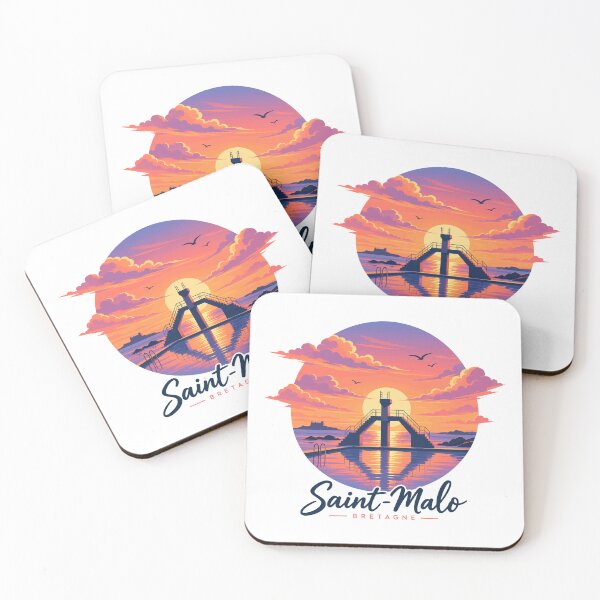 Item preview, Letrero de Saint-Malo con silueta de piscina oceánica sobre un vibrante atardecer. designed and sold by 1enchik.