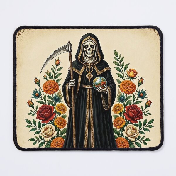 Item preview, Santa Muerte in Black with Scythe, Marigolds and Globe designed and sold by SweetLilith.