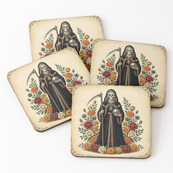 Item preview, Santa Muerte in Black with Scythe, Marigolds and Globe designed and sold by SweetLilith.