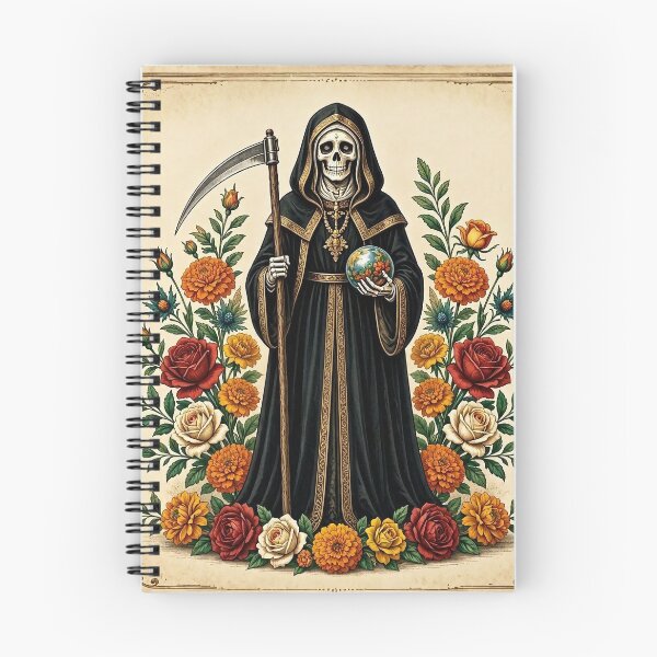 Item preview, Santa Muerte in Black with Scythe, Marigolds and Globe designed and sold by SweetLilith.