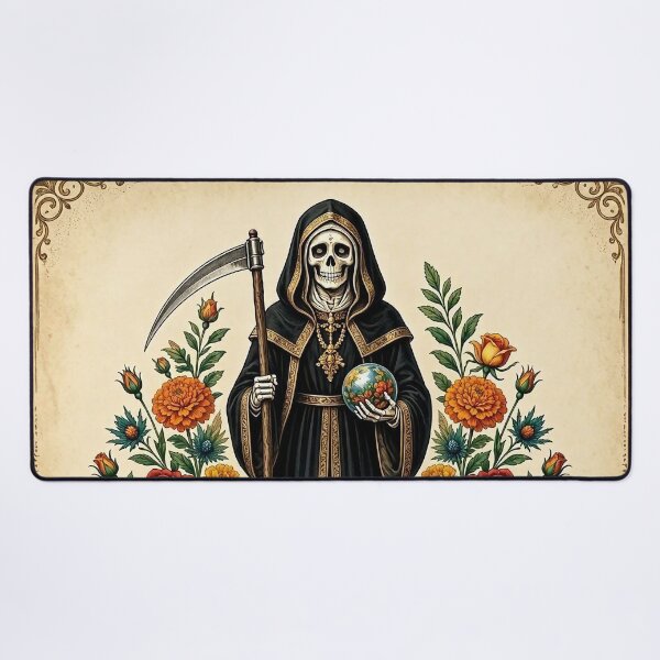 Item preview, Santa Muerte in Black with Scythe, Marigolds and Globe designed and sold by SweetLilith.