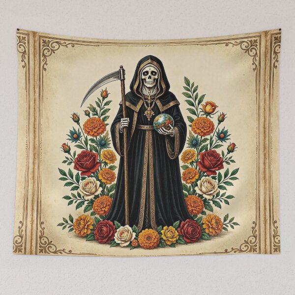 Item preview, Santa Muerte in Black with Scythe, Marigolds and Globe designed and sold by SweetLilith.