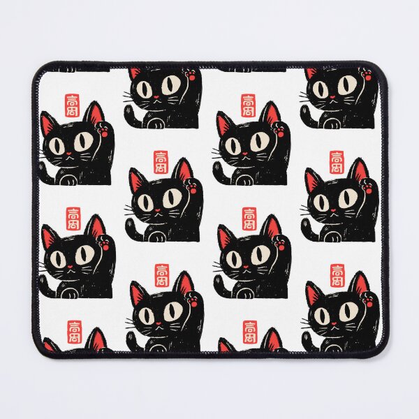 Item preview, Lucky Black Cat Waving Paw Japanese Stamp Linocut Graphic T-Shirt designed and sold by Catophile.