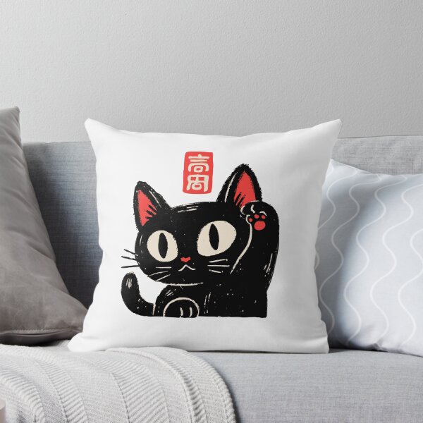 Item preview, Lucky Black Cat Waving Paw Japanese Stamp Linocut Graphic T-Shirt designed and sold by Catophile.