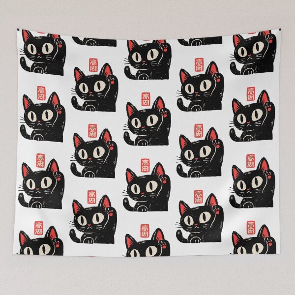 Item preview, Lucky Black Cat Waving Paw Japanese Stamp Linocut Graphic T-Shirt designed and sold by Catophile.