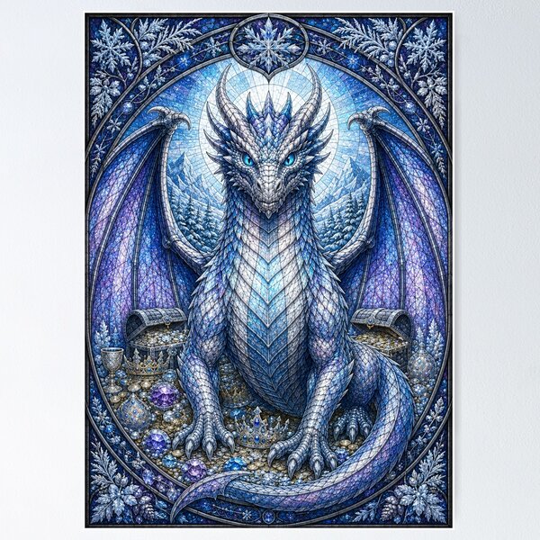 Item preview, The Guardian of Winter's Gold – Stained-Glass Ice Dragon designed and sold by Pixel Otaku Gallery.