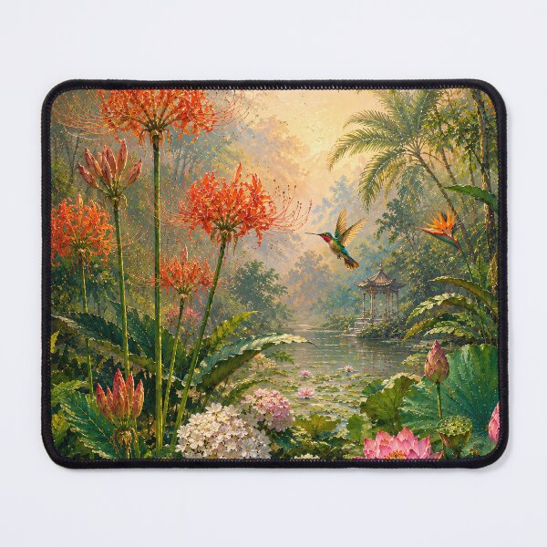 Item preview, Tropical Botanical Oil Painting Lotus Hummingbird Garden designed and sold by Jozefin's Studio.