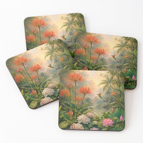Item preview, Tropical Botanical Oil Painting Lotus Hummingbird Garden designed and sold by Jozefin's Studio.