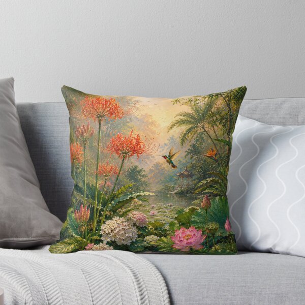 Item preview, Tropical Botanical Oil Painting Lotus Hummingbird Garden designed and sold by Jozefin's Studio.