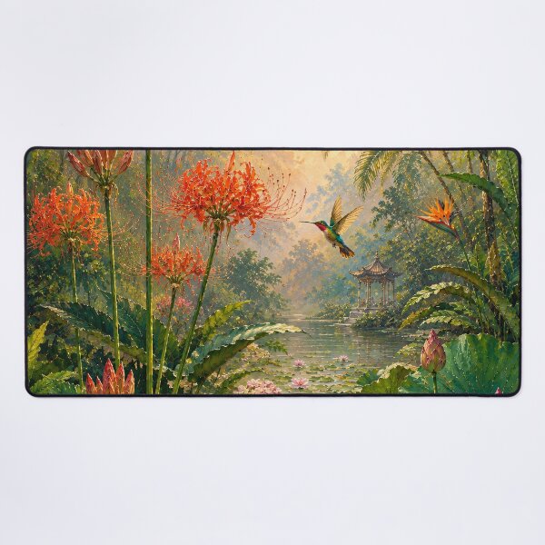 Item preview, Tropical Botanical Oil Painting Lotus Hummingbird Garden designed and sold by Jozefin's Studio.