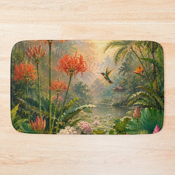 Item preview, Tropical Botanical Oil Painting Lotus Hummingbird Garden designed and sold by Jozefin's Studio.