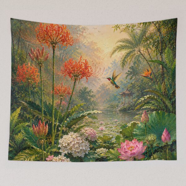 Item preview, Tropical Botanical Oil Painting Lotus Hummingbird Garden designed and sold by Jozefin's Studio.