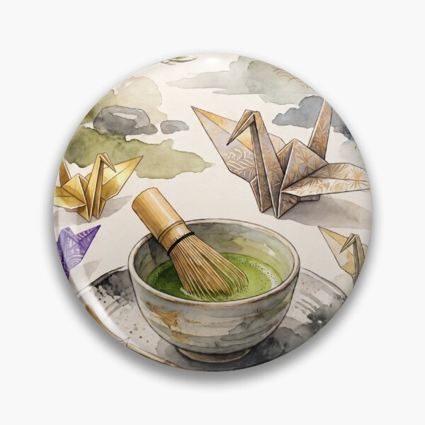 Item preview, Matcha Green Tea and Origami Cranes Japandi Watercolor Art designed and sold by Hikariha Studio.
