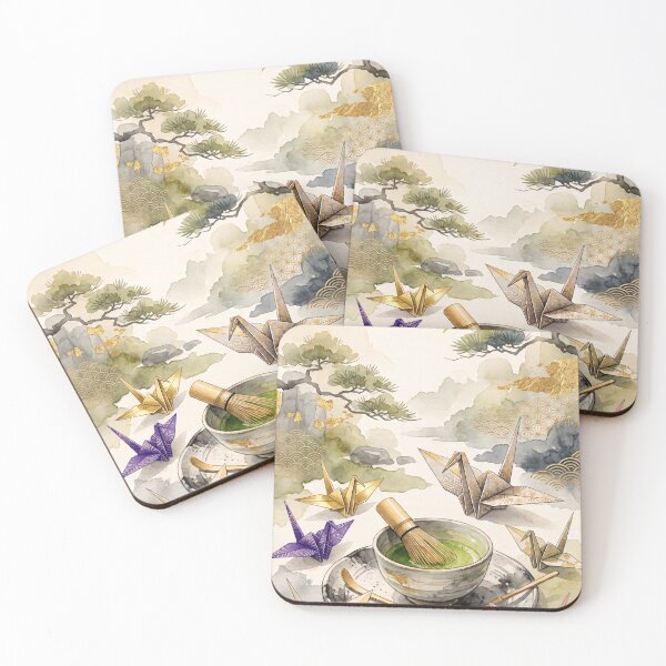 Item preview, Matcha Green Tea and Origami Cranes Japandi Watercolor Art designed and sold by Hikariha Studio.