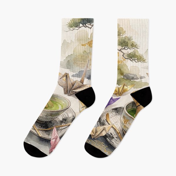 Item preview, Matcha Green Tea and Origami Cranes Japandi Watercolor Art designed and sold by Hikariha Studio.