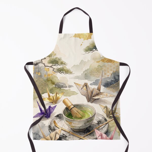 Item preview, Matcha Green Tea and Origami Cranes Japandi Watercolor Art designed and sold by Hikariha Studio.