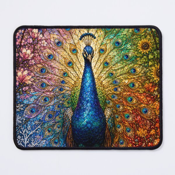 Item preview, The Peacock of the Four Seasons – Majestic stained glass rose window designed and sold by Pixel Otaku Gallery.