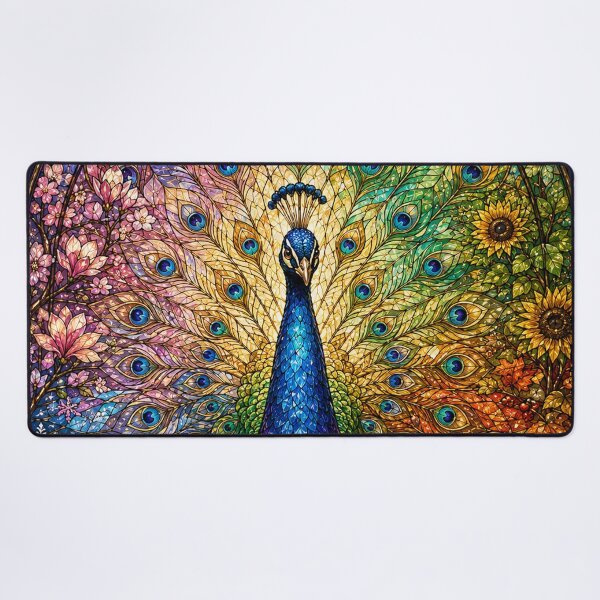 Item preview, The Peacock of the Four Seasons – Majestic stained glass rose window designed and sold by Pixel Otaku Gallery.