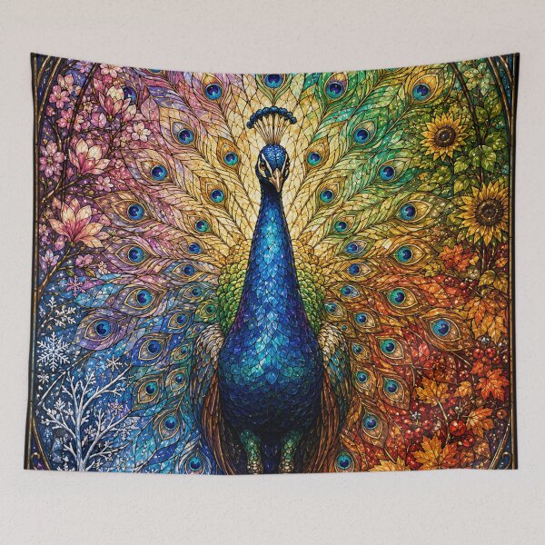 Item preview, The Peacock of the Four Seasons – Majestic stained glass rose window designed and sold by Pixel Sakura Gallery.