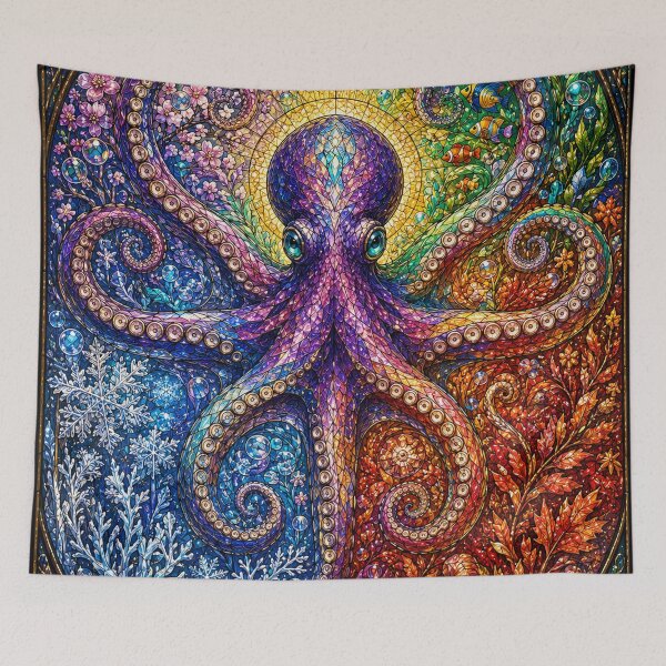 Item preview, The Octopus of the Four Seasons – Guardian of the Oceans in stained glass designed and sold by Pixel Sakura Gallery.