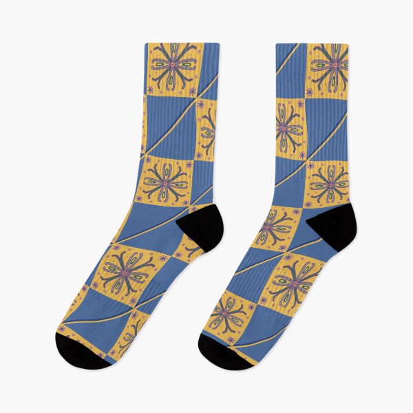 Item preview, Blue and mustard geometric floral Arabic tile designed and sold by Sock Garden.