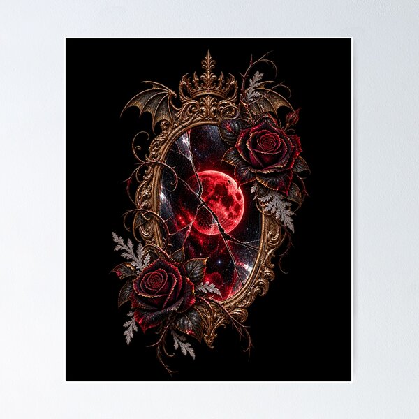 Item preview, The Thornbound Reflection Gothic Mirror with Crimson Moon & Black Roses designed and sold by Anyshca.