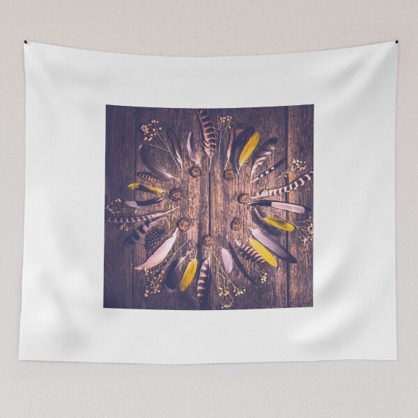 Item preview, Rustic Boho Feather Wreath Pattern on Dark Wood designed and sold by ElinaArtPhoto.