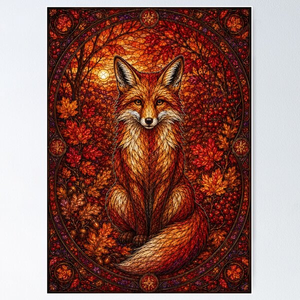 Item preview, The Autumn Fox – A flamboyant spirit in stained glass designed and sold by Pixel Sakura Gallery.