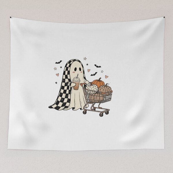 Item preview, Checkerboard Ghost Goes Pumpkin Shopping designed and sold by Tee Studio.