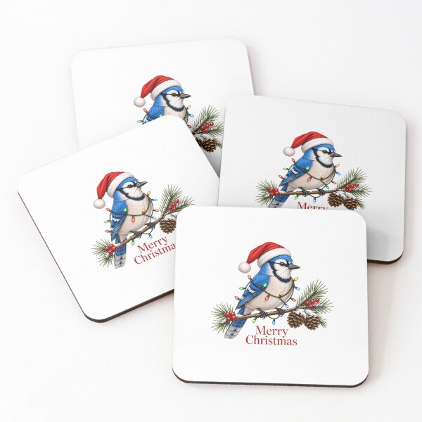 Item preview, Blue Jay Christmas – Merry Christmas Bird with Santa Hat & Christmas Lights designed and sold by SVALANART.