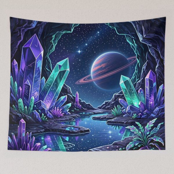 Item preview, Glowing Crystal Cave Ringed Planet Cosmic Landscape designed and sold by Herodestroyer.