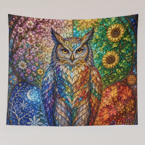 Item preview, The Owl of the Four Seasons – Guardian of Time in Stained Glass designed and sold by Pixel Sakura Gallery.