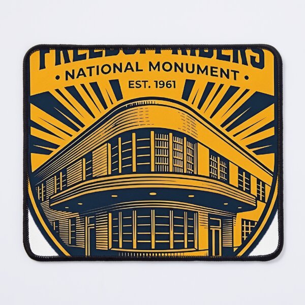 Item preview, Freedom Riders Monument Bus Station Duotone Linocut Sticker designed and sold by DetourDgn.