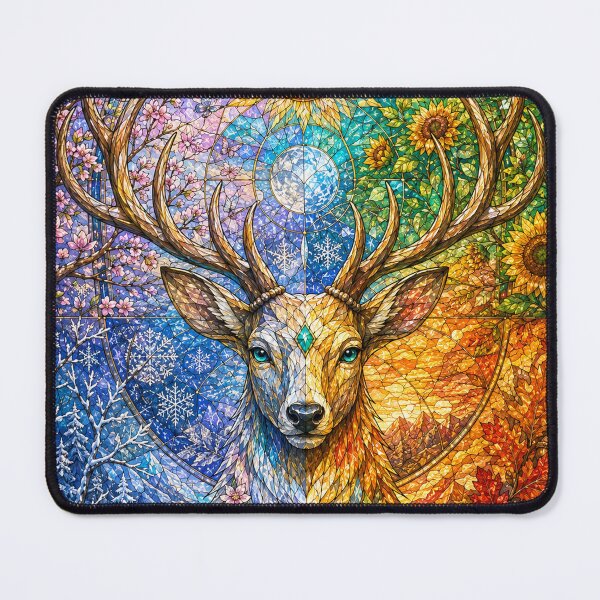 Item preview, The Stag of the Four Seasons – Mystical Guardian in Stained Glass designed and sold by Pixel Sakura Gallery.