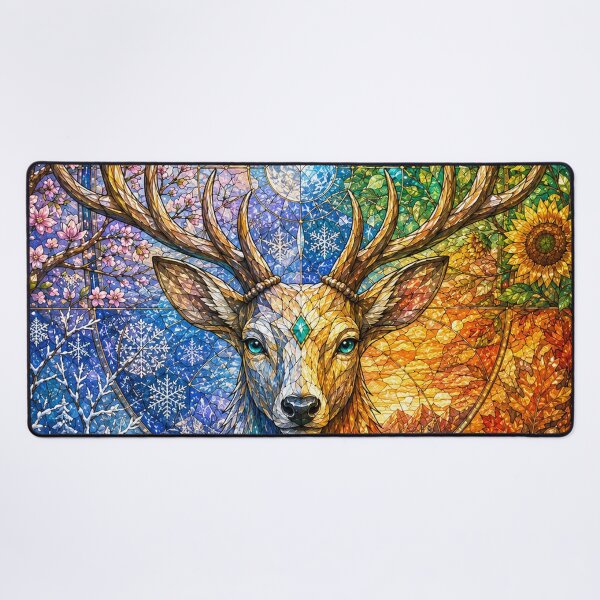 Item preview, The Stag of the Four Seasons – Mystical Guardian in Stained Glass designed and sold by Pixel Otaku Gallery.