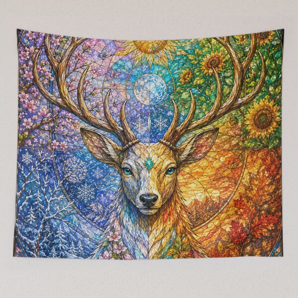 Item preview, The Stag of the Four Seasons – Mystical Guardian in Stained Glass designed and sold by Pixel Sakura Gallery.