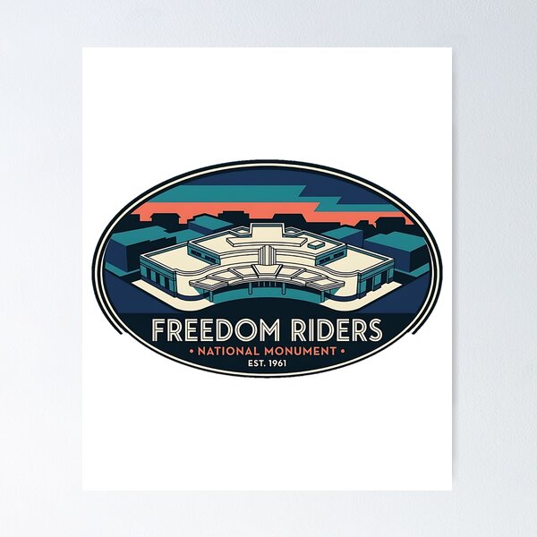 Item preview, Freedom Riders Monument Bus Station Aerial Art Deco Sticker designed and sold by DetourDgn.