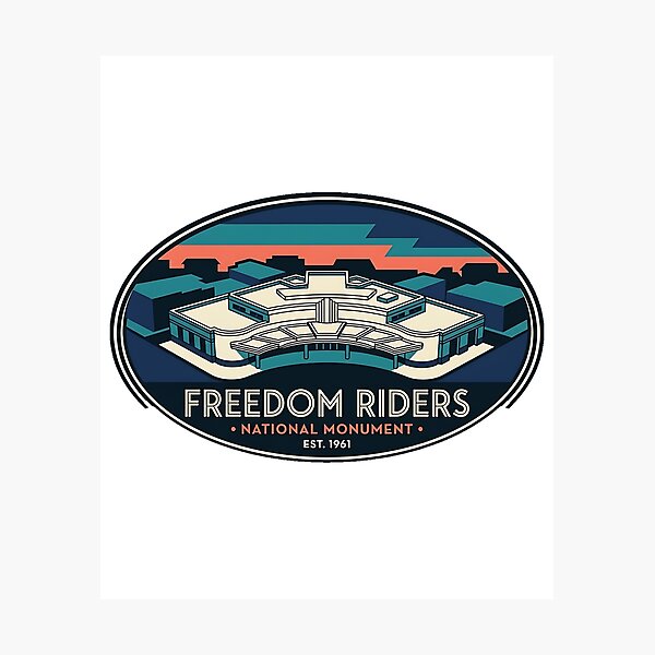 Item preview, Freedom Riders Monument Bus Station Aerial Art Deco Sticker designed and sold by DetourDgn.