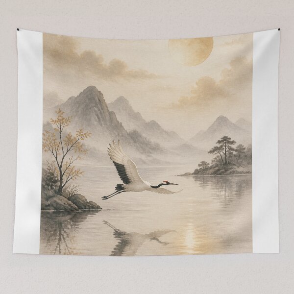 Item preview, Crane Moon Wall Art Poster | Moon Over Still Lake, Japandi Japanese Zen Landscape Print designed and sold by LuminaKage.