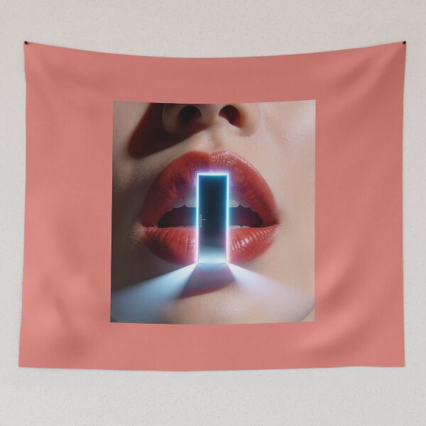 Item preview, Glowing Neon Door Portal inside Red Lips Surreal Art designed and sold by OksArtStudio.