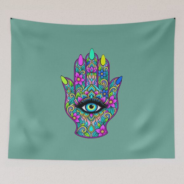Aperçu de l'œuvre T-shirt de protection bohème coloré avec œil de Hamsa mystique créée et vendue par Aimetoi.
