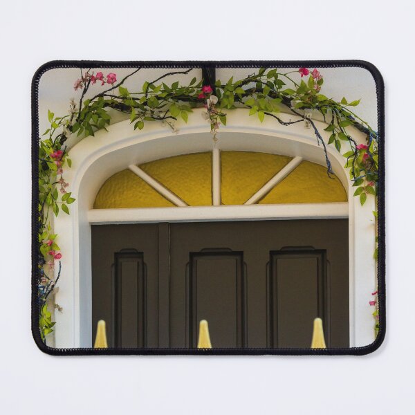 Item preview, Charming Floral Arch Over Black Front Door With Greenery, Pink Flowers and Golden Finials designed and sold by Nmallia.
