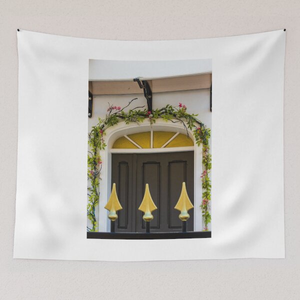 Item preview, Charming Floral Arch Over Black Front Door With Greenery, Pink Flowers and Golden Finials designed and sold by Nmallia.