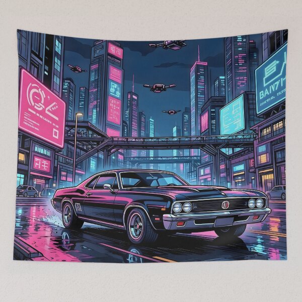 Item preview, Cyberpunk Neon City Muscle Car Synthwave Skyline designed and sold by Herodestroyer.